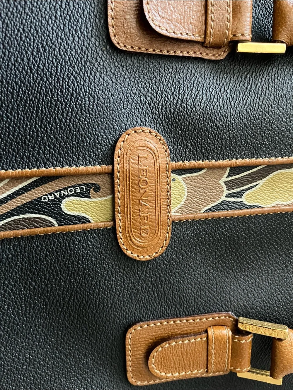 LEONARD Black and Tan Men's Tote Bag with Patterned Accent